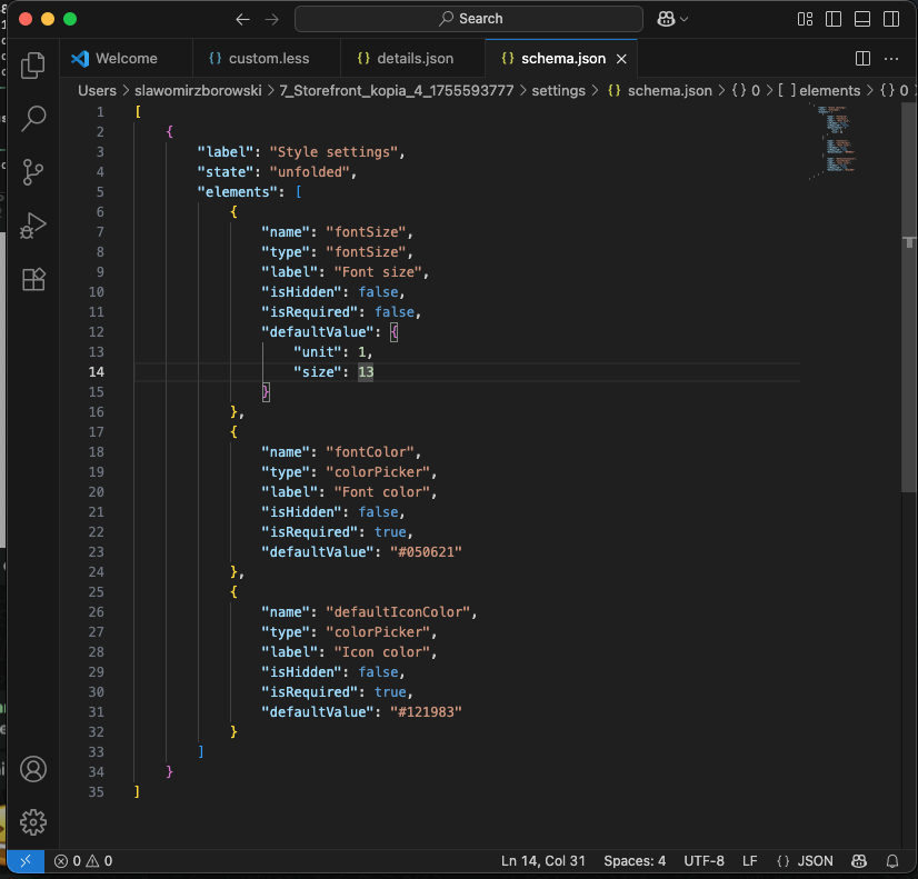 Settings schema JSON